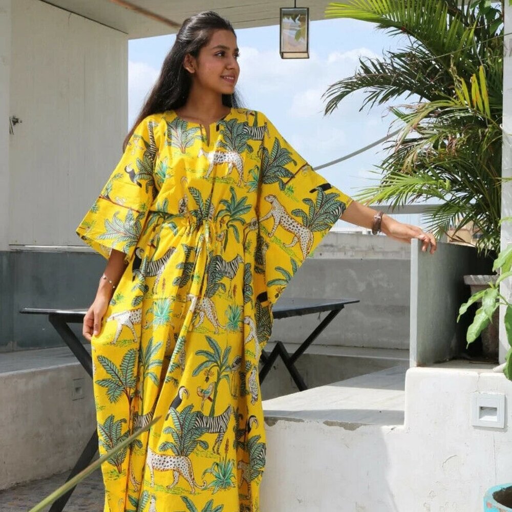 BRAND NEW Summer Cotton Kaftan Yellow beach cover loungewear Animal Block prin